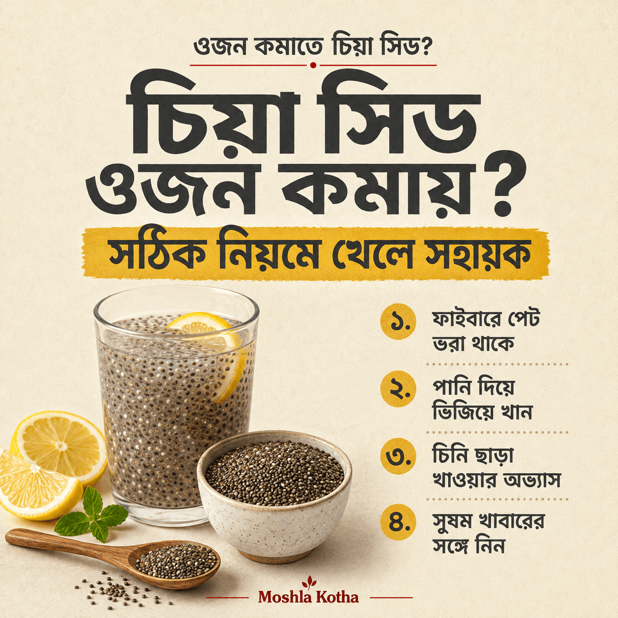 চিয়া সিড খাওয়ার নিয়ম, প্রতিদিন কতটুকু খাবেন, কীভাবে ভিজিয়ে খাবেন, উপকারিতা ও কারা সতর্ক থাকবেন—সহজ ভাষায় জেনে নিন। Moshla Kotha থেকে অর্ডার করুন।