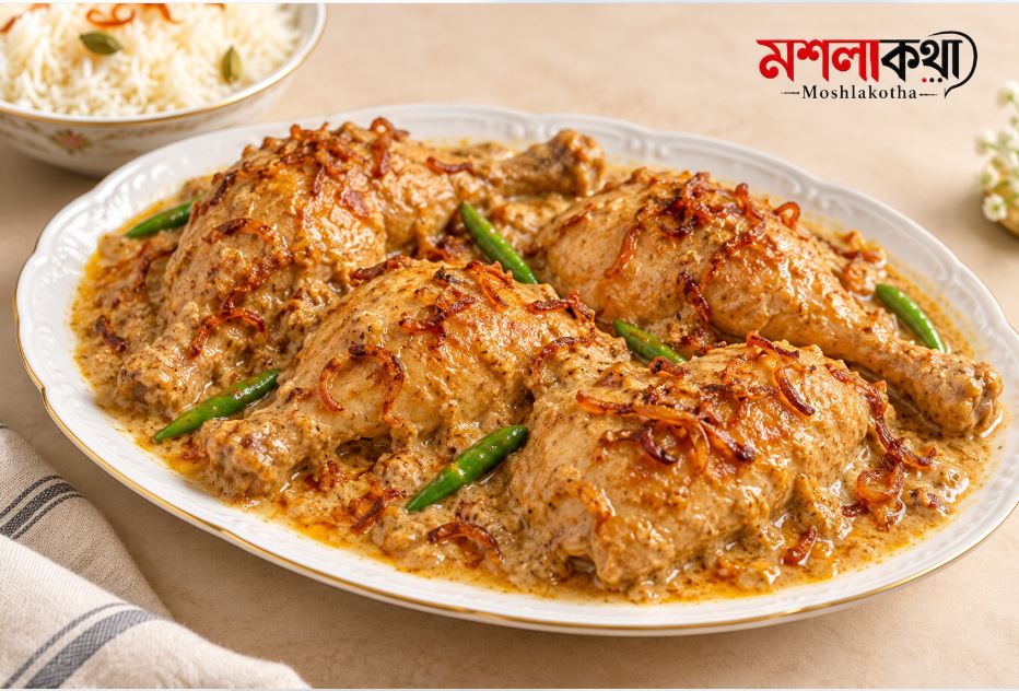 বিয়েবাড়ির চিকেন রোস্ট, ঘন মসলার ঝোল ও বেরেস্তা দিয়ে পরিবেশিত